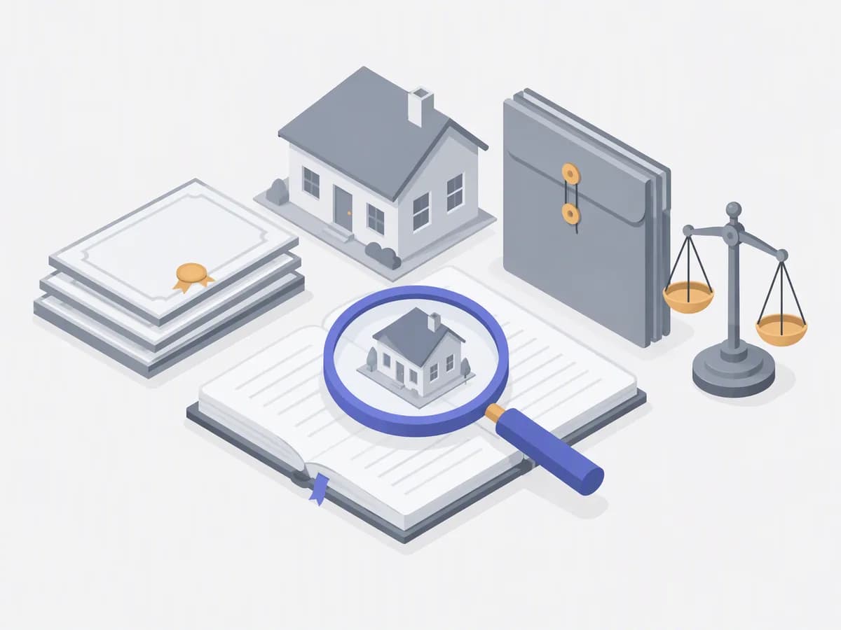 Isometric illustration of stacked gift deeds, old house model, sealed tribunal file, small balance scales