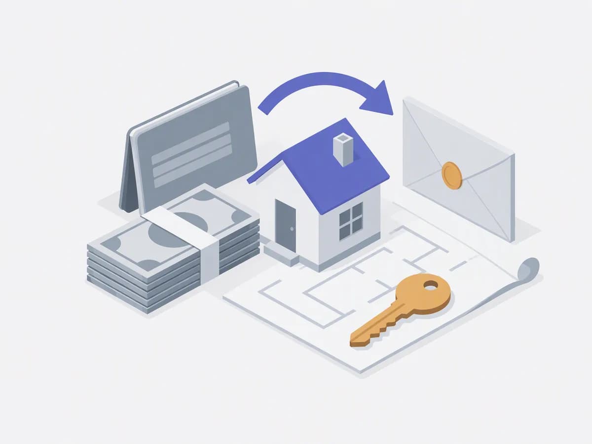 Isometric illustration of stack of currency notes bank passbook house blueprint sealed envelope