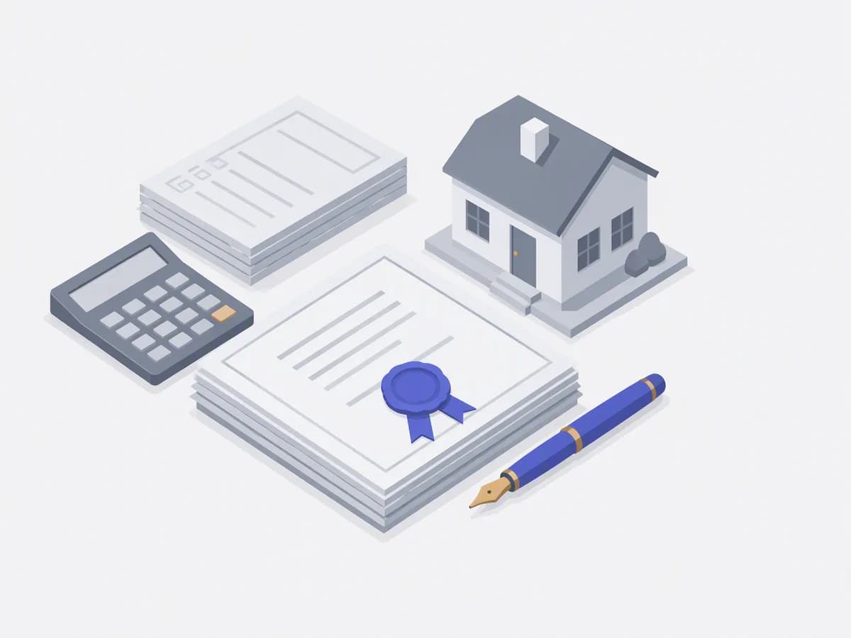 Editorial illustration of a calculator, a stack of blank forms and a small house model