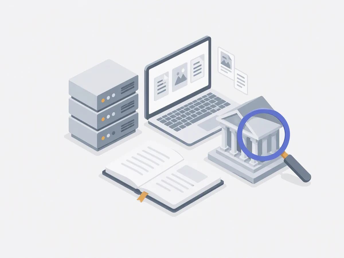 Isometric illustration of tower of servers laptop with document thumbnails courthouse icon model