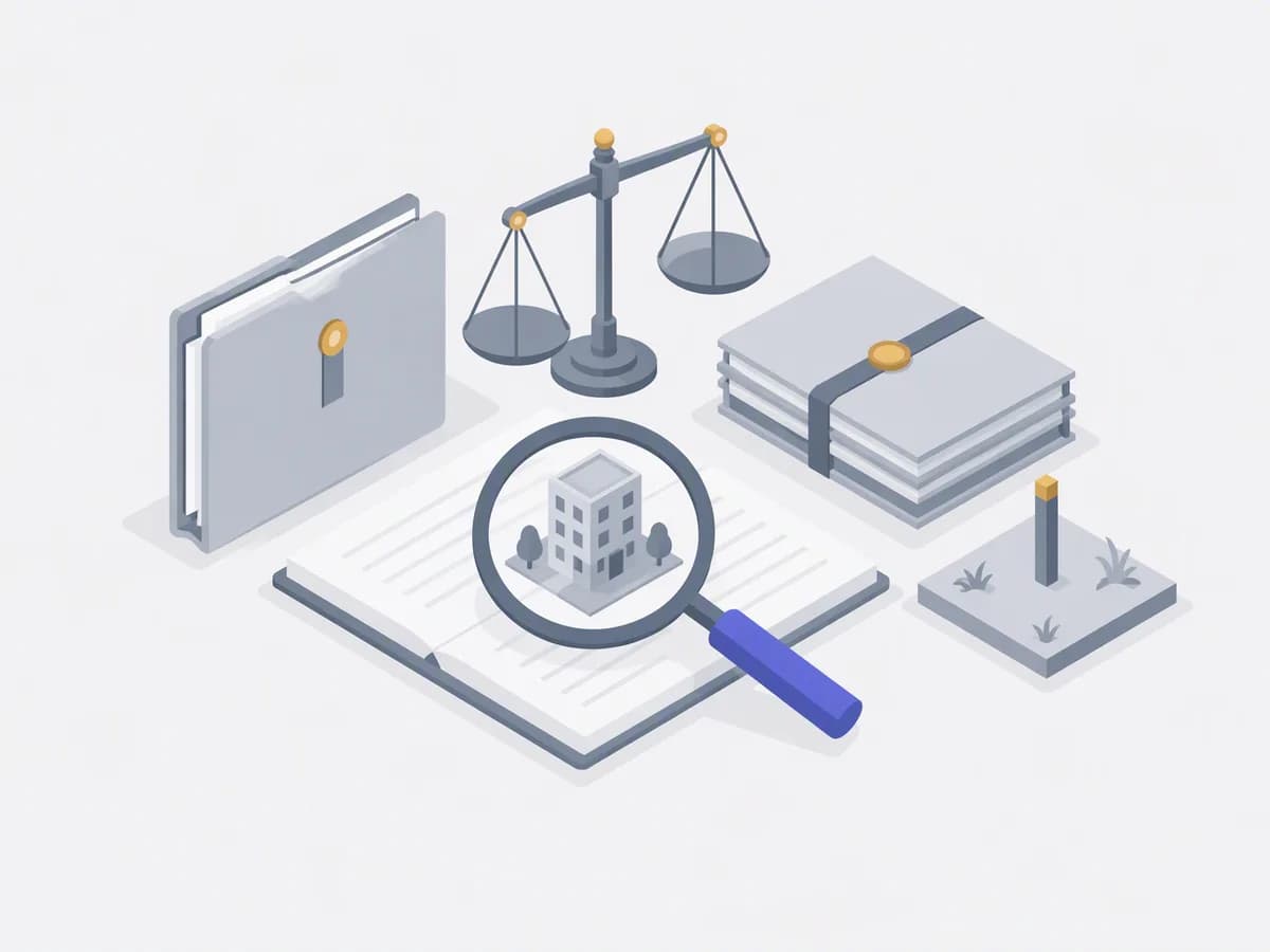 Isometric illustration of government notice folder, vacant plot marker, weighing scales of justice, stamped files