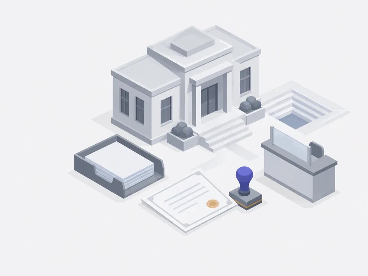 Isometric illustration of encumbrance certificate sheet, ink stamp, filing tray, simple office counter