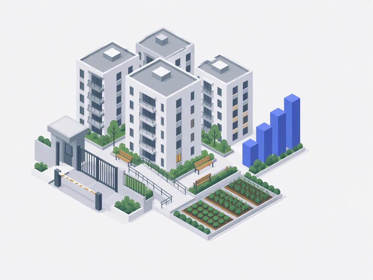 An apartment entrance with a wheelchair ramp, garden benches and a security gate.