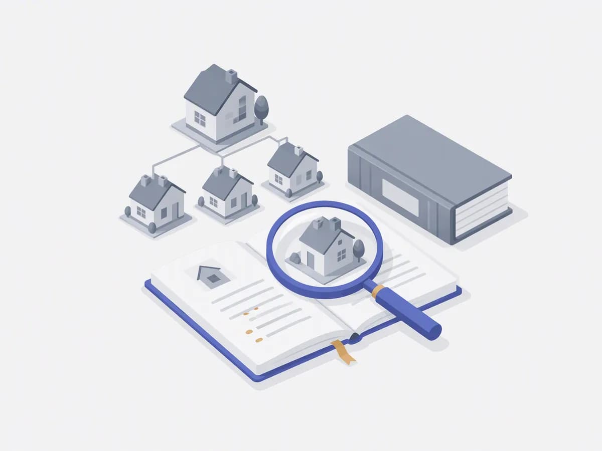 Isometric illustration of cluster of small houses, family tree-shaped set of house models, ledger book