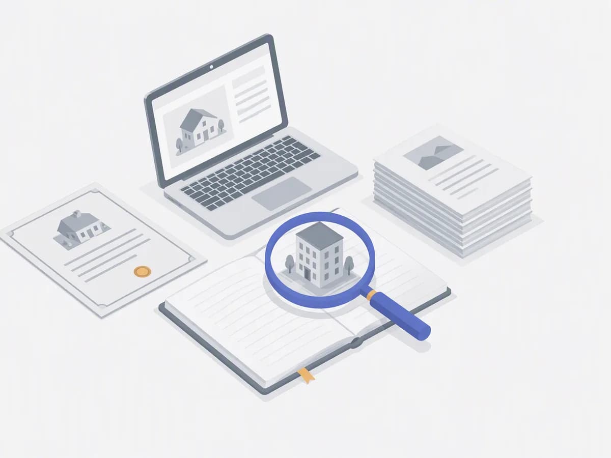 Isometric illustration of scanned deed, magnifying glass, laptop, stack of printed papers