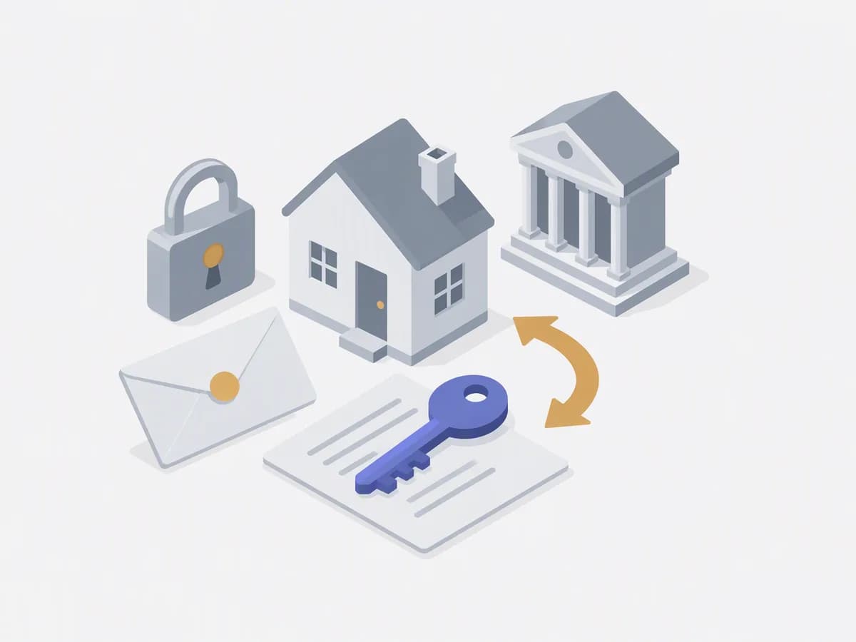 Isometric illustration of symbolic key set, physical padlock, eviction notice envelope, court building model