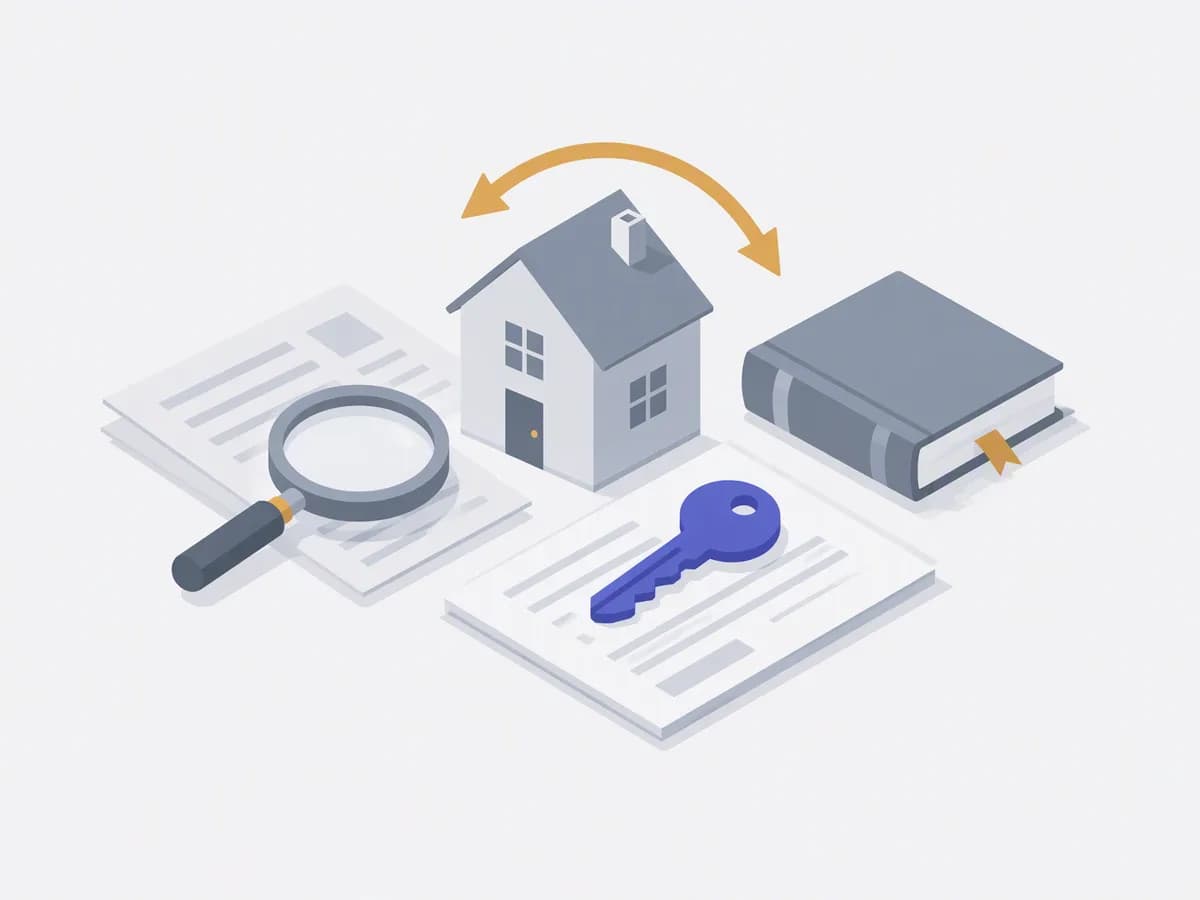 Isometric illustration of spread documents, magnifying glass, pen, ledger book