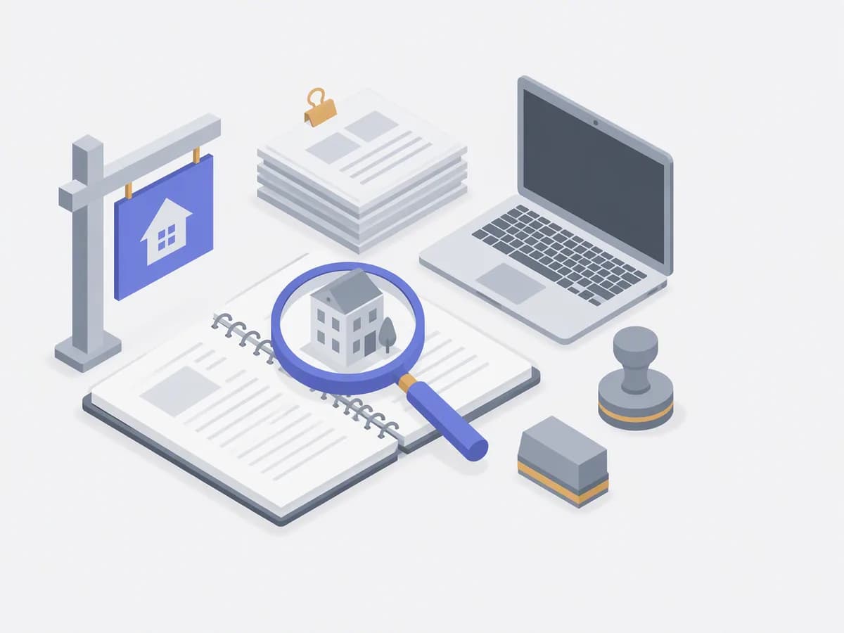 Isometric illustration of for sale signboard, stack of documents, laptop, stamps