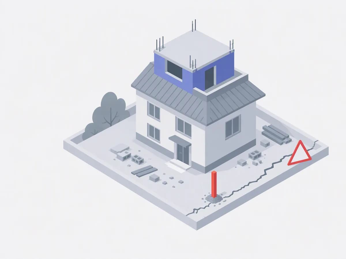 Isometric illustration of unauthorized rooftop extension model, red demolition marker stake, scattered construction debris