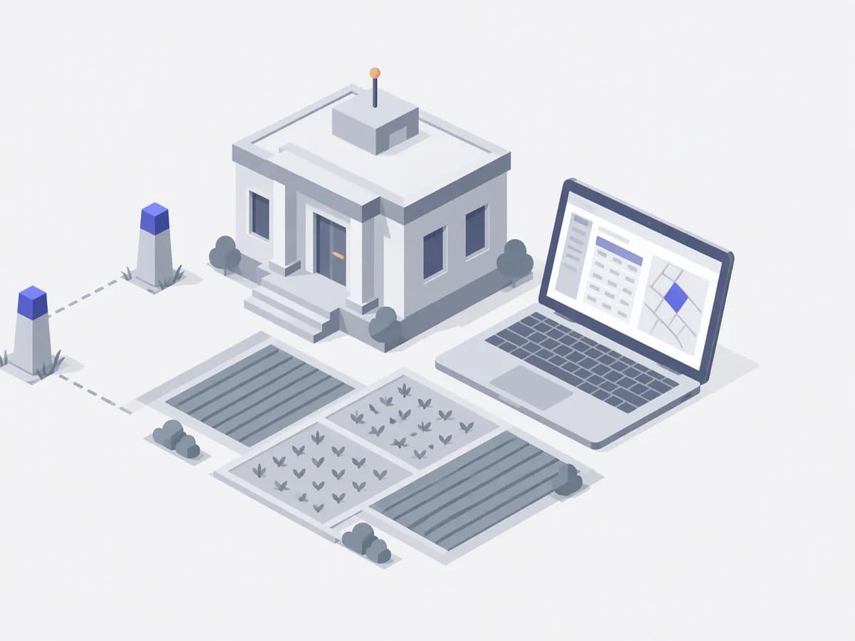 Isometric illustration of land survey pegs khasra register laptop with portal open