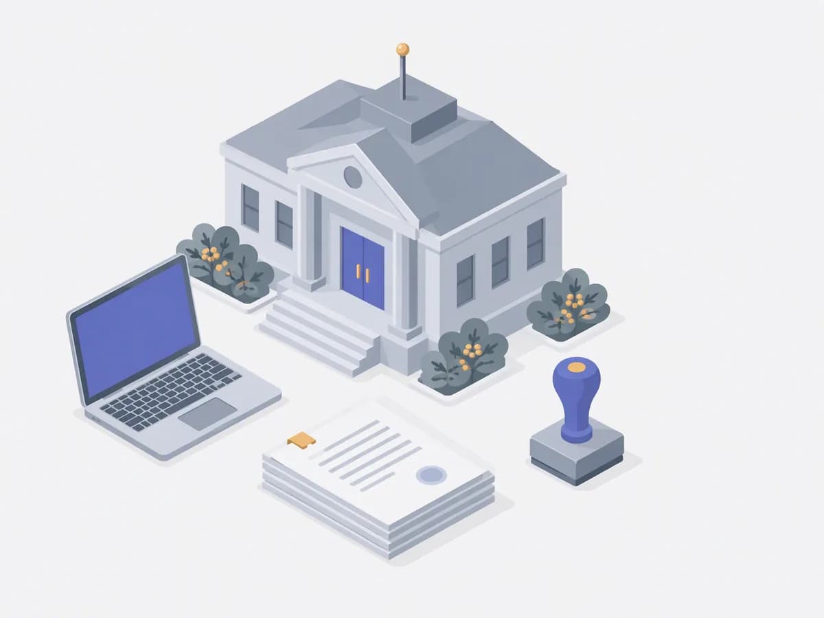 Isometric illustration of laptop, stack of documents, stamp, district registry office building