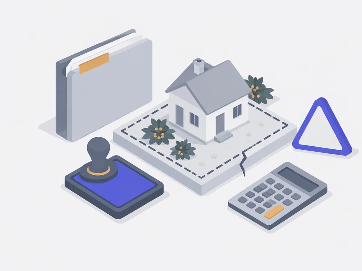 Isometric illustration of khata file, house sketch, municipal stamp pad, small calculator