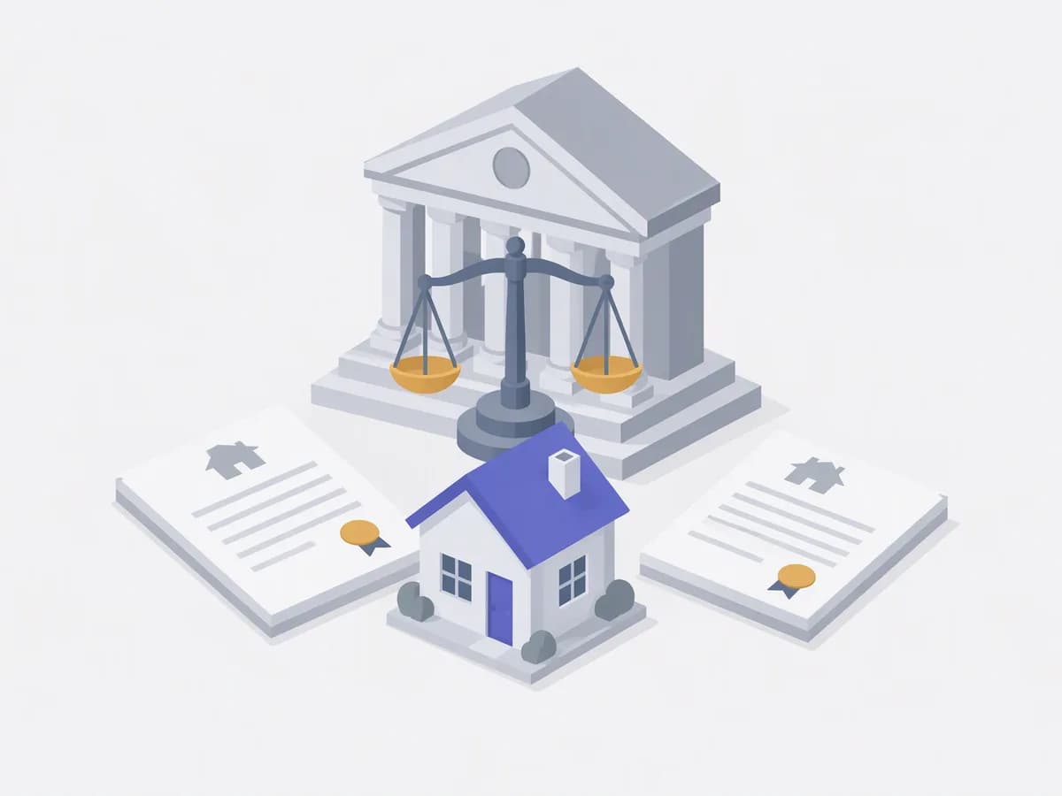 Isometric illustration of two property deeds side-by-side, shared house model, scales of justice statue