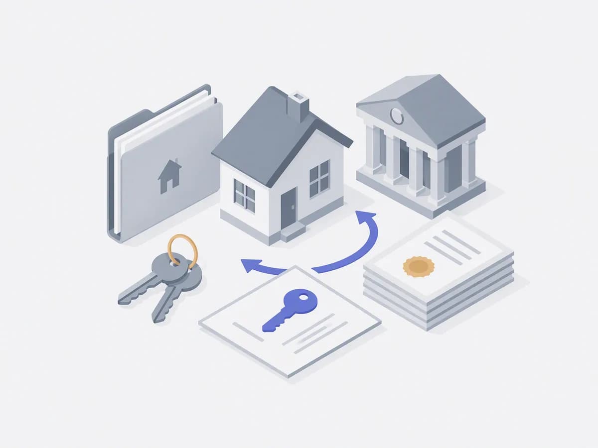 Isometric illustration of khata folder, encumbrance certificate pile, keys, bank building