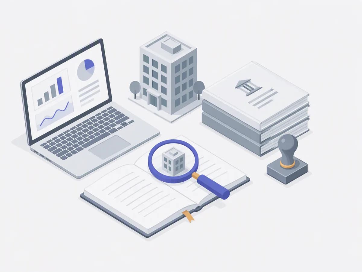 Isometric illustration of dashboard laptop, stack of legal reports, stamp, small office building