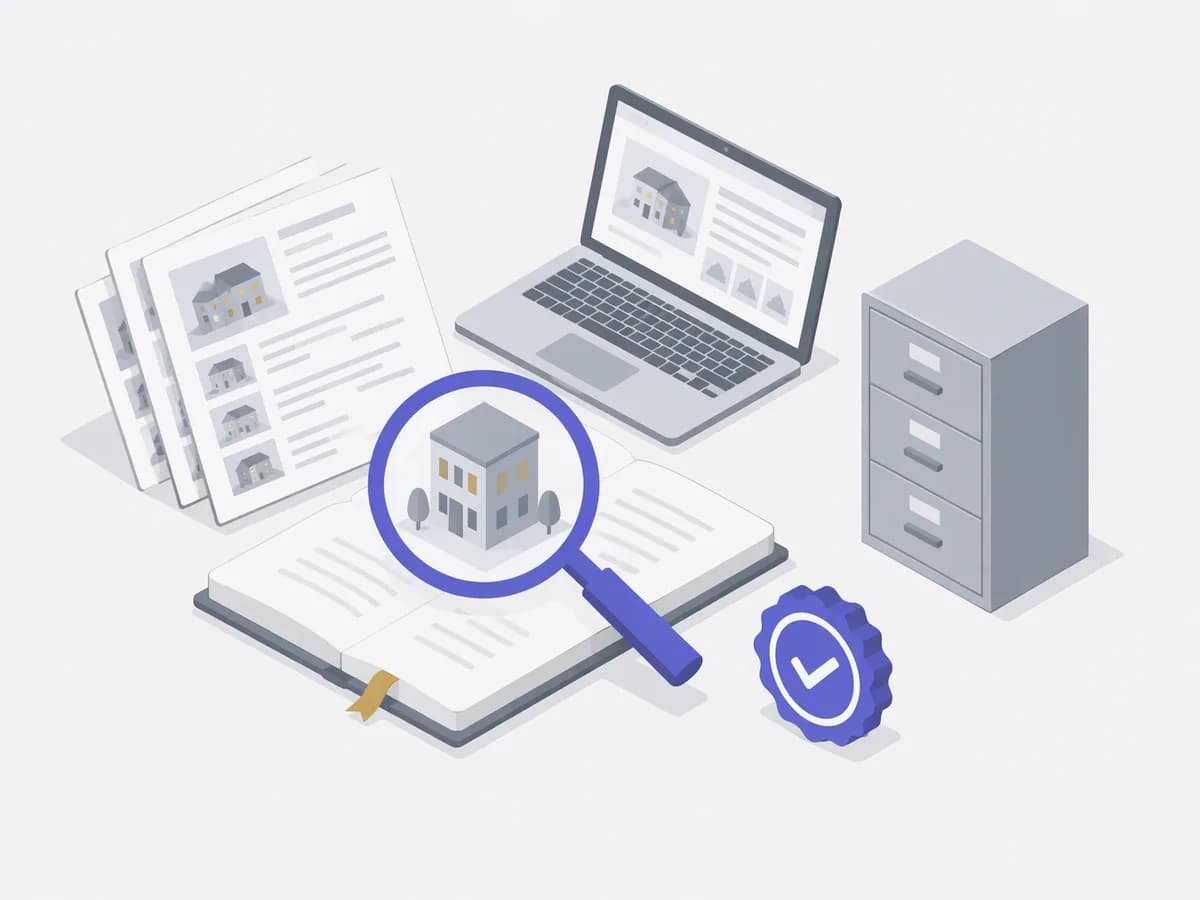 Isometric illustration of website listing printouts, verified badge stamp, laptop, filing cabinet