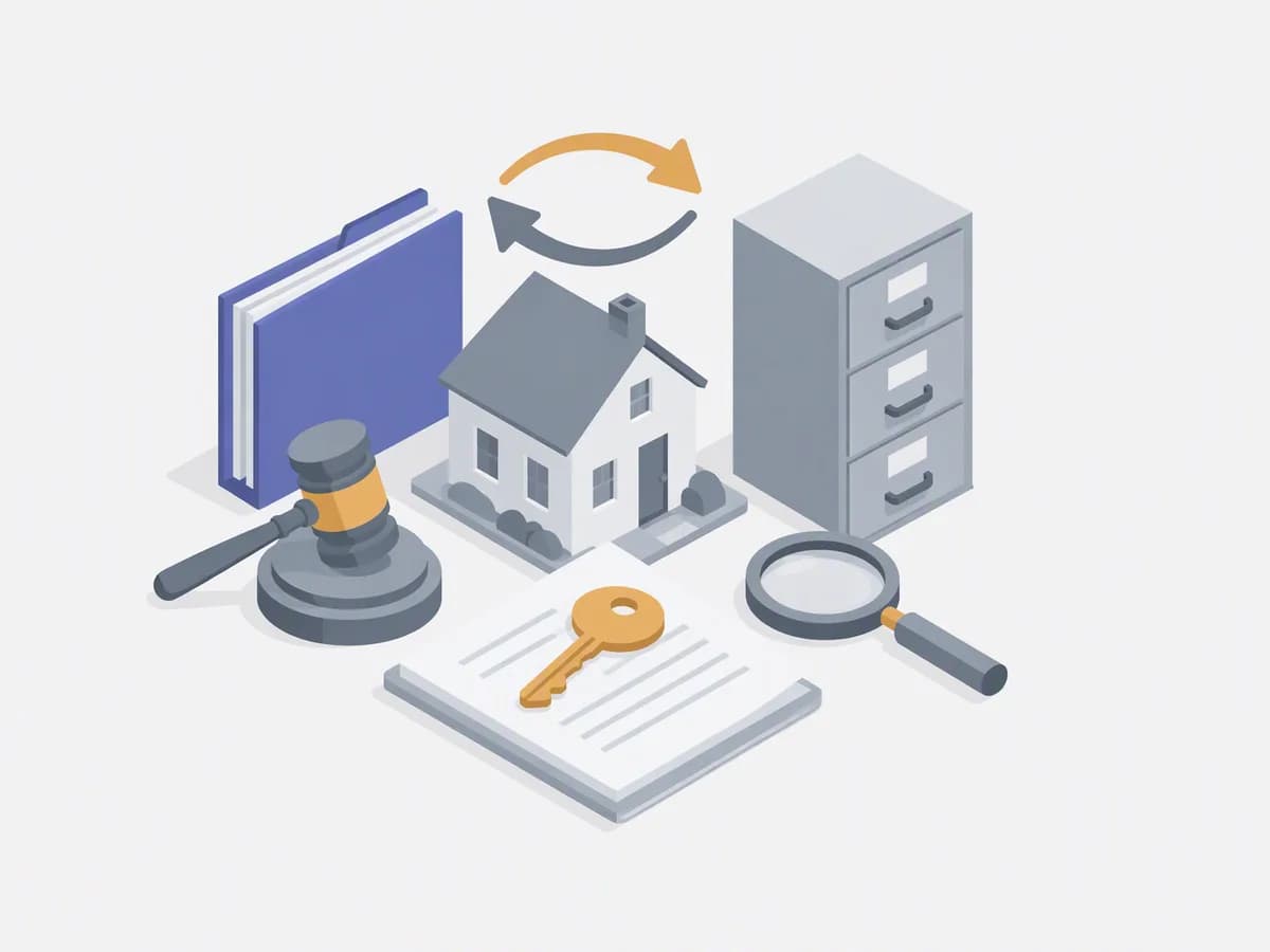 Isometric illustration of court docket folder, gavel on block, magnifying glass, filing cabinet