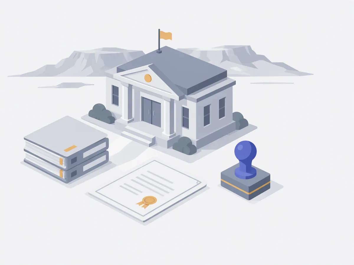 Isometric illustration of certificate sheet, registration stamp, stack of files, simple government office