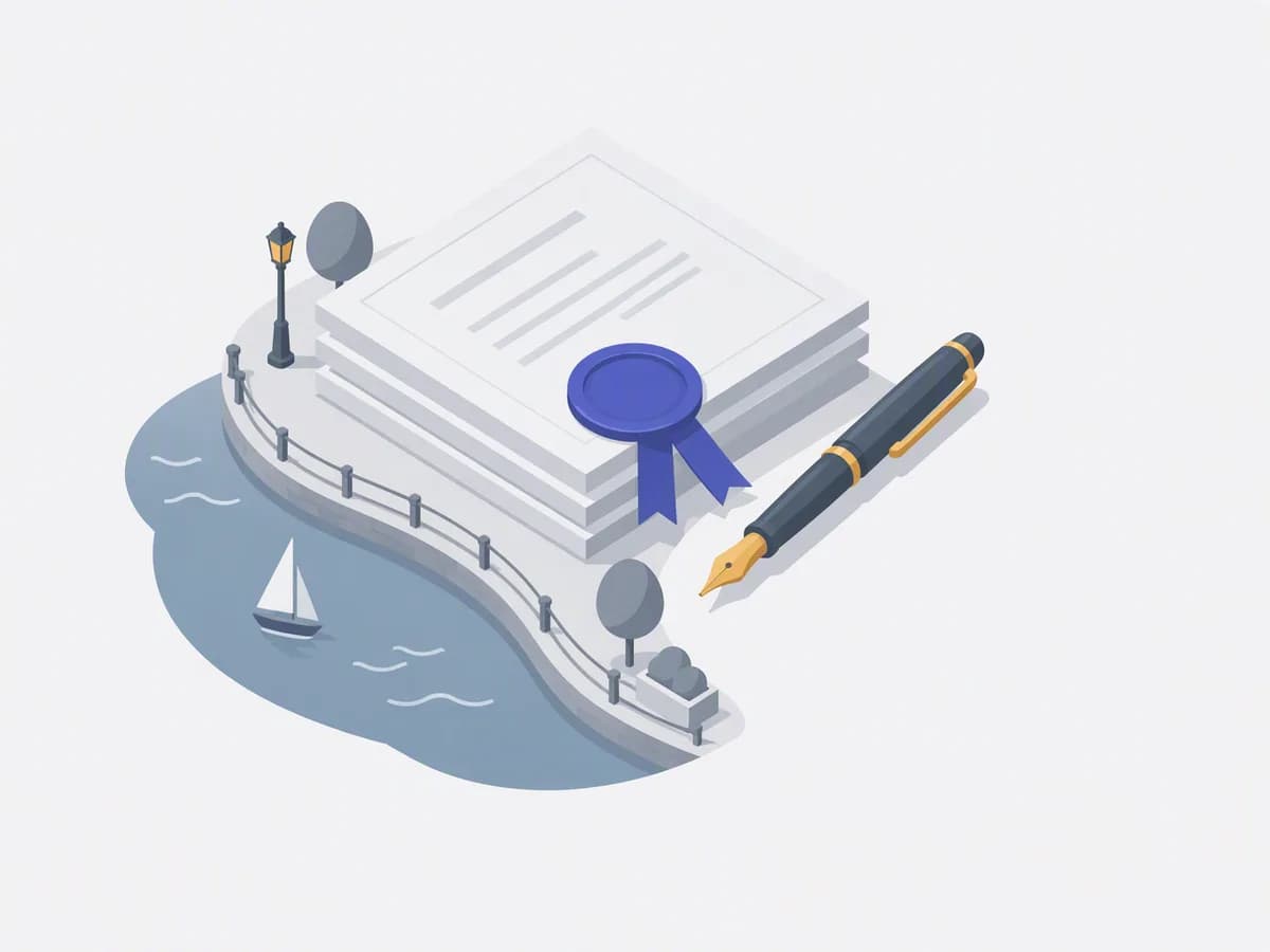 Editorial illustration of a stack of official documents with a large wax-seal disc and a fountain pen
