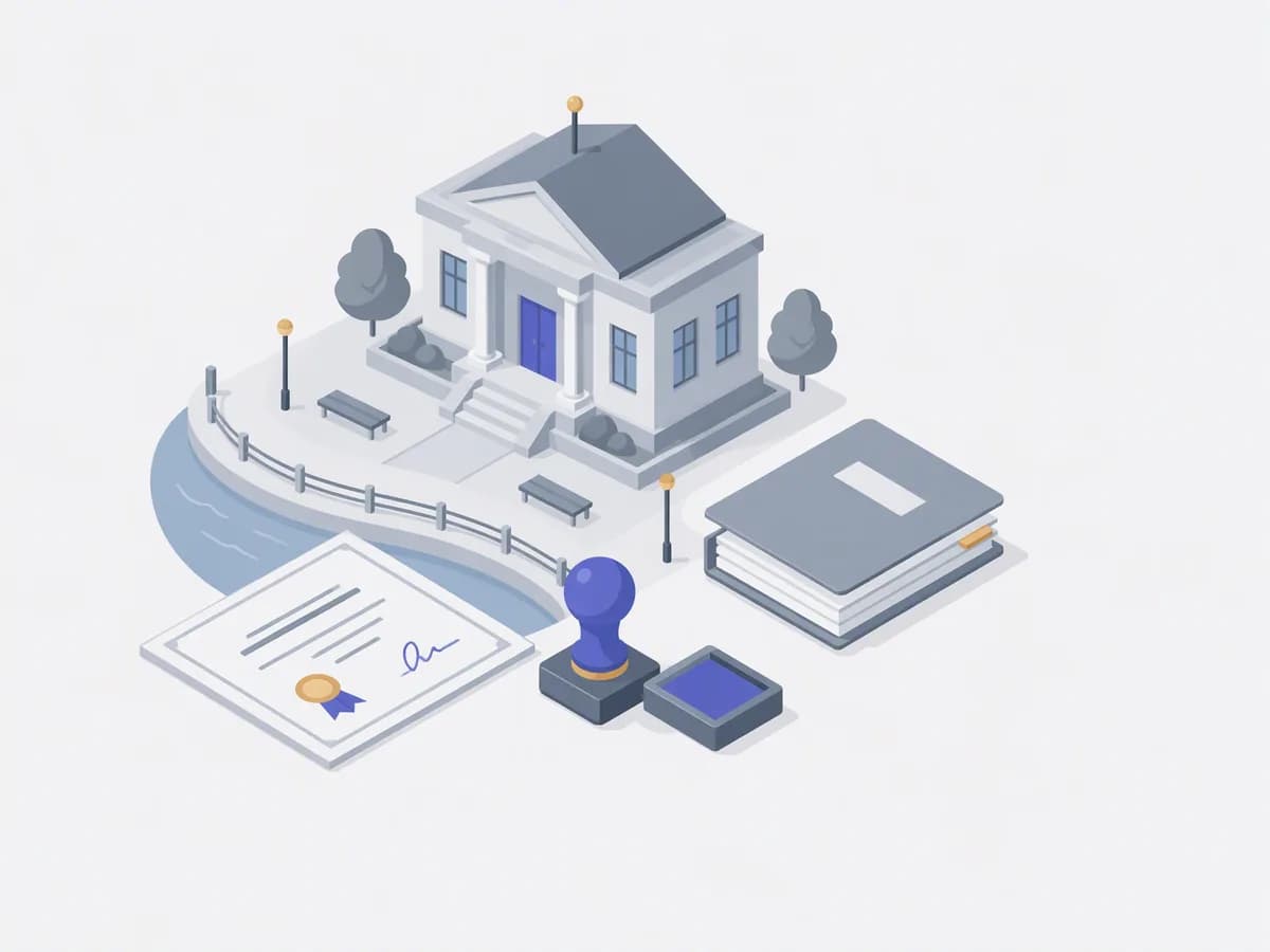 Isometric illustration of digitally signed certificate printout, index file, rubber stamp, small office desk