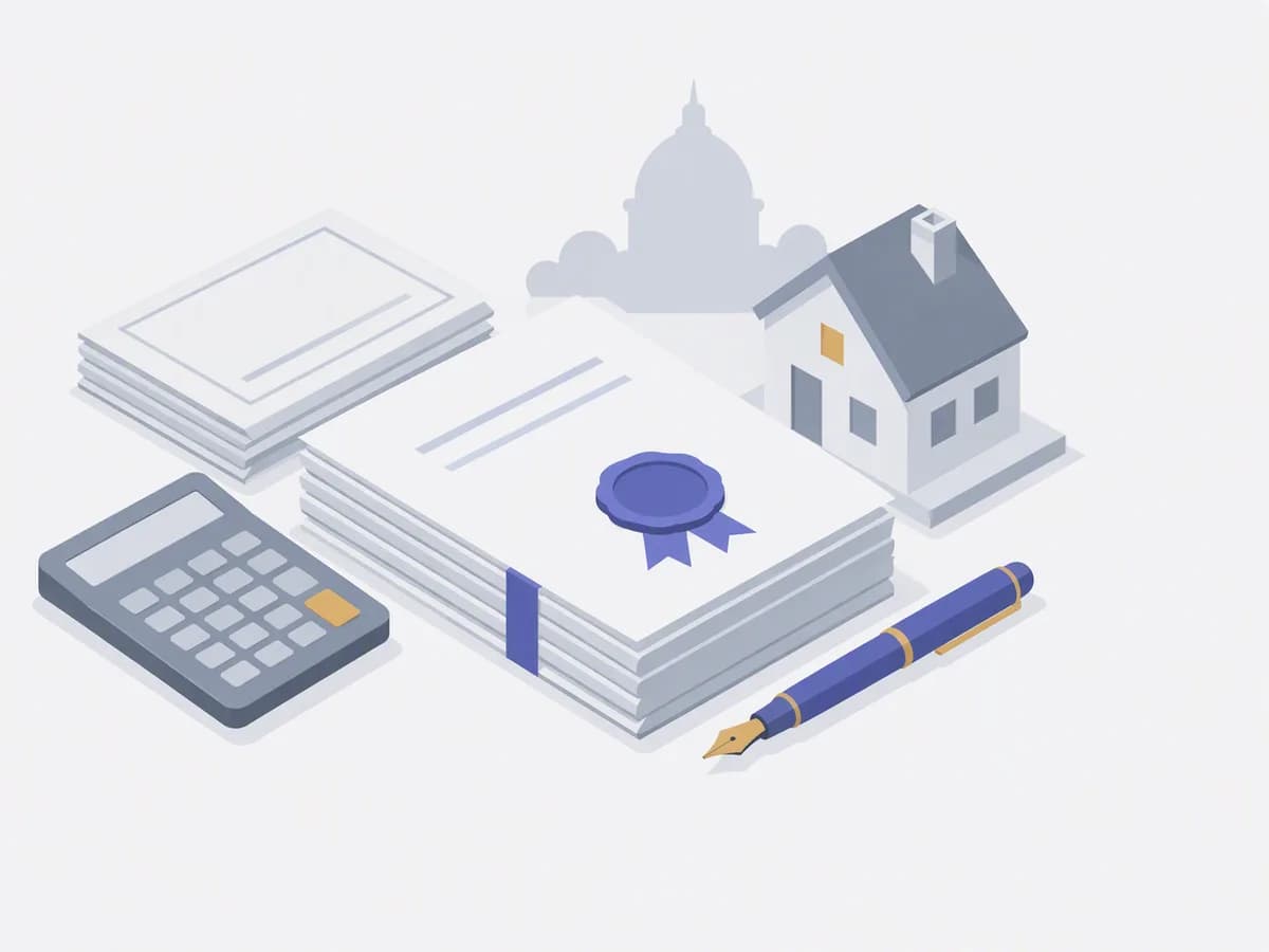 Editorial illustration of a calculator, a stack of blank forms and a small house model