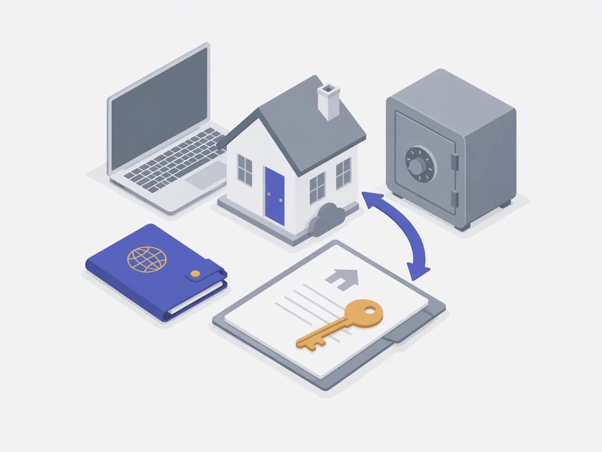 Isometric illustration of passport wallet, property deed folder, laptop, locked safe