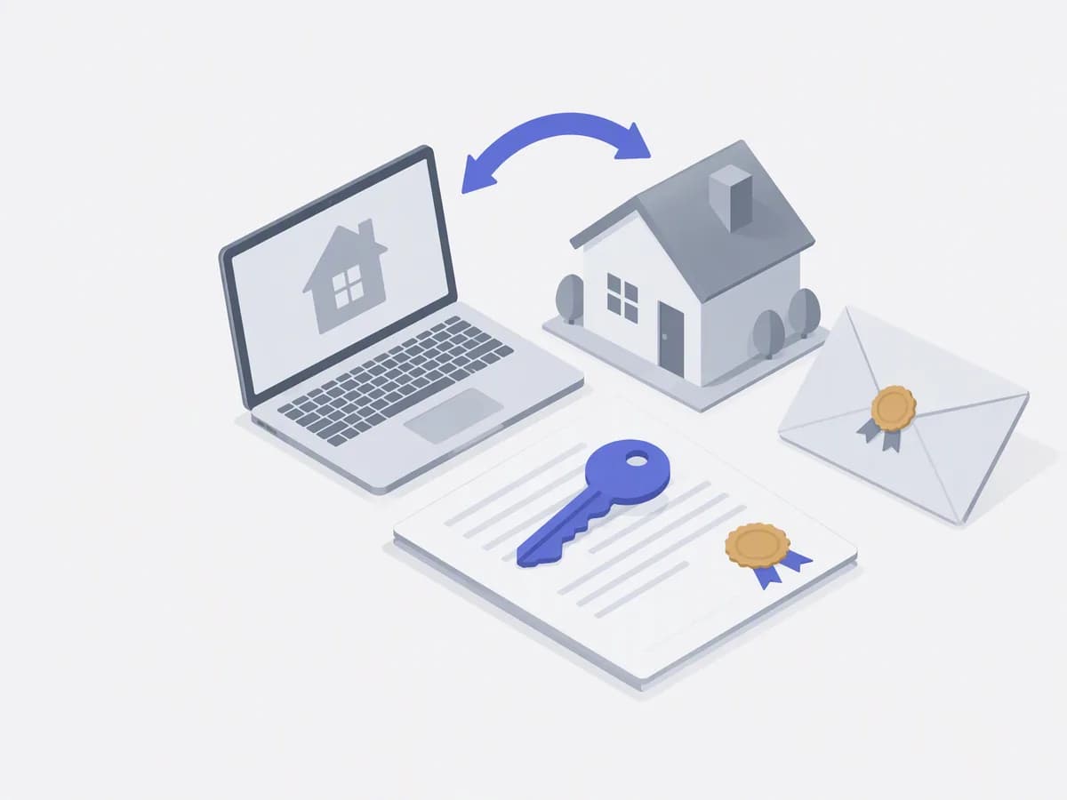 Isometric illustration of laptop, notarized documents, sealed envelope, small house model
