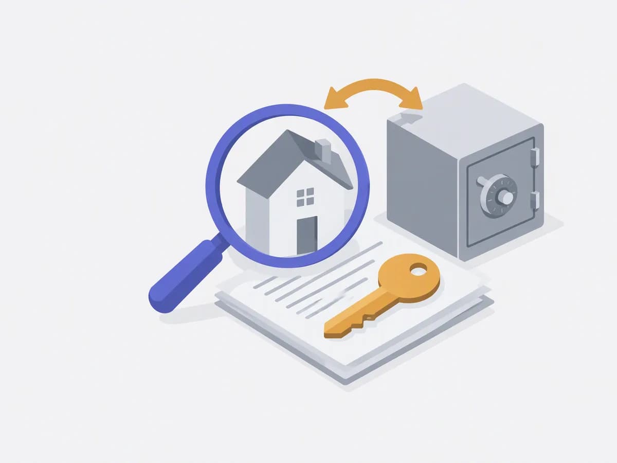 Isometric illustration of magnifying glass over documents keys locked safe bank box