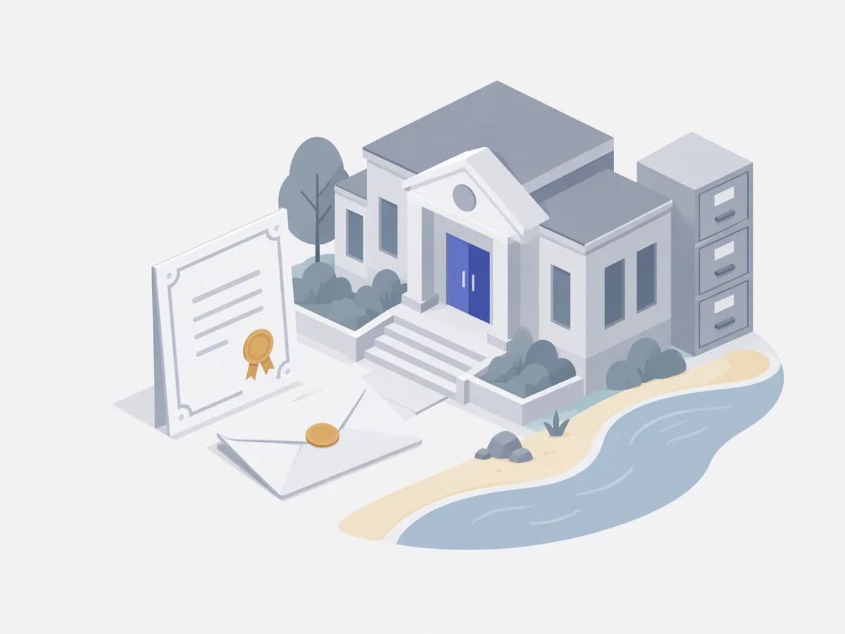 Isometric illustration of official paper certificate, sealed envelope, filing cabinet, district office facade