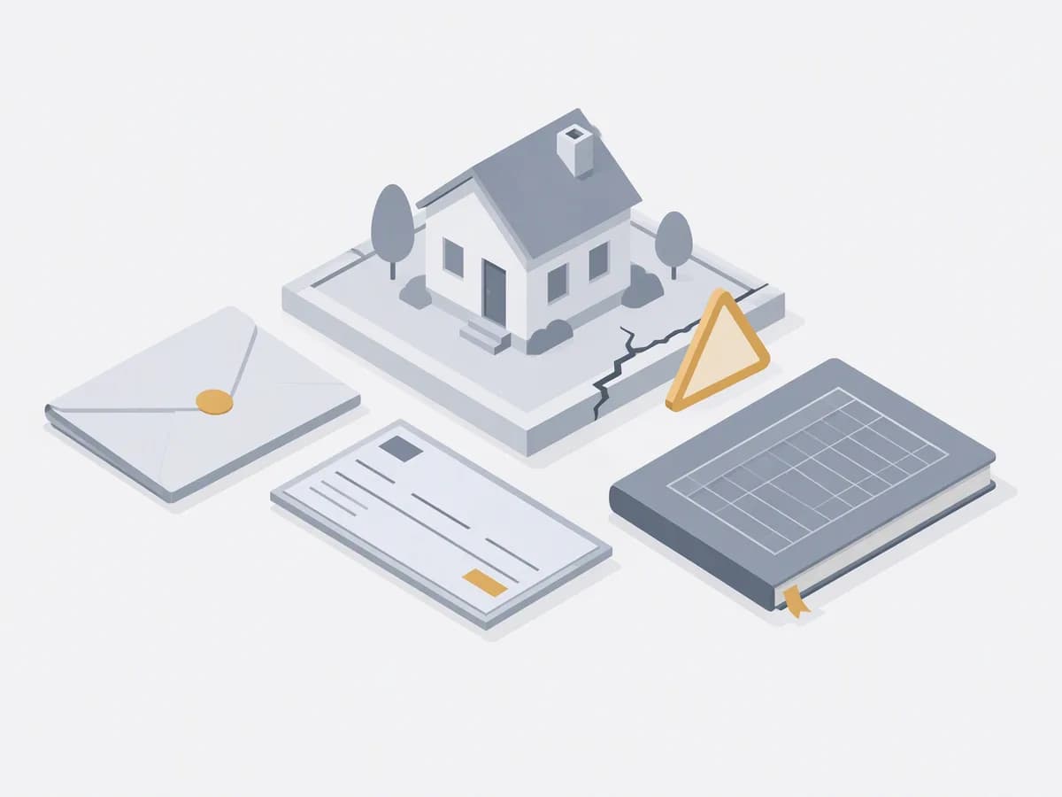 Isometric illustration of token receipt envelope, advance cheque, house sketch, ledger notebook
