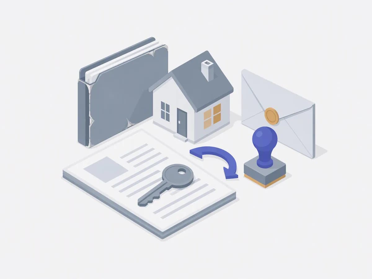 Isometric illustration of photocopied deed sheet, battered original document folder, sealed envelope, ink stamp
