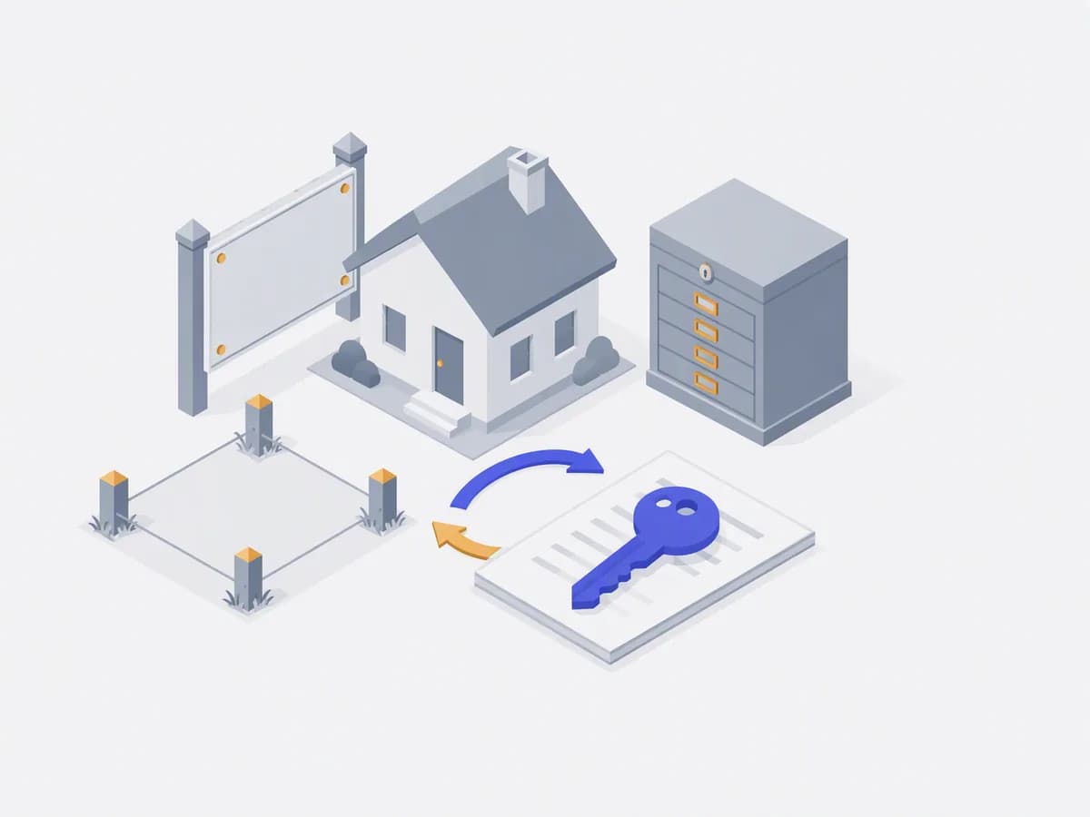 Isometric illustration of government land plaque, blank survey board, boundary pegs, municipal records chest