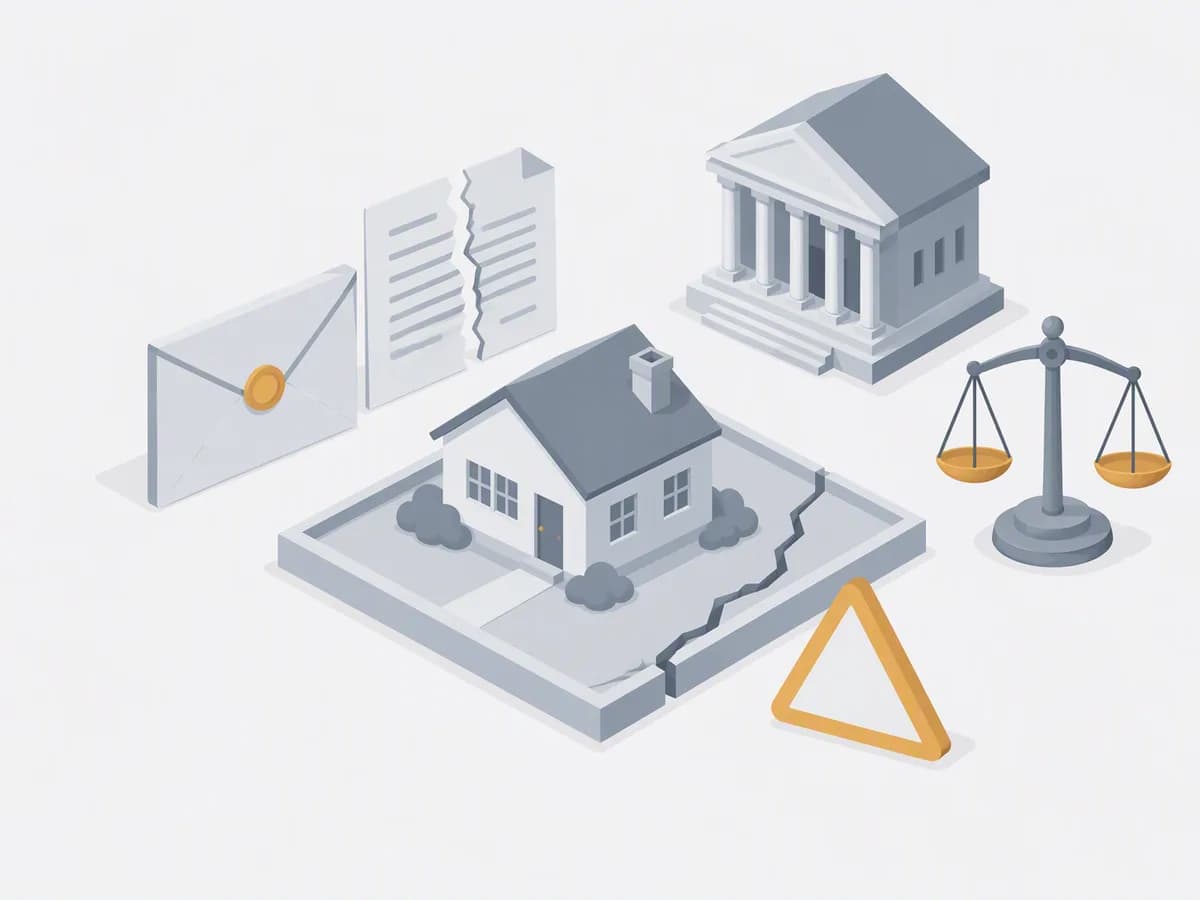 Isometric illustration of sealed envelope, torn deed, courthouse building, scales