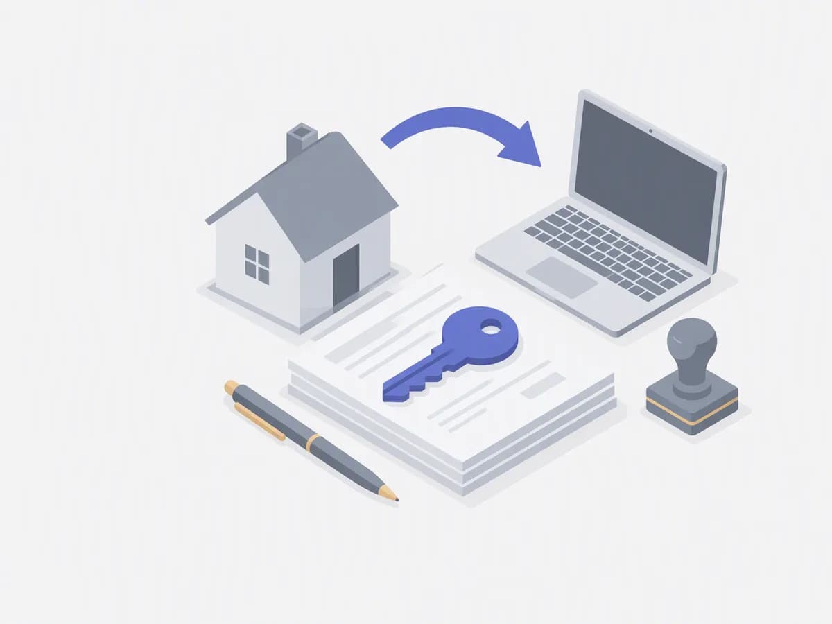 Isometric illustration of stack of documents pens stamps laptop on table