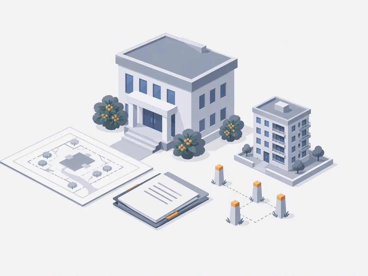 Isometric illustration of site plan, khata document, small apartment block model, survey pegs