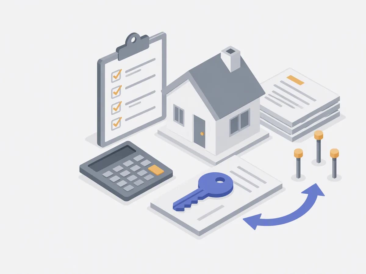 Isometric illustration of clipboard checklist, stack of documents, calculator, survey pegs