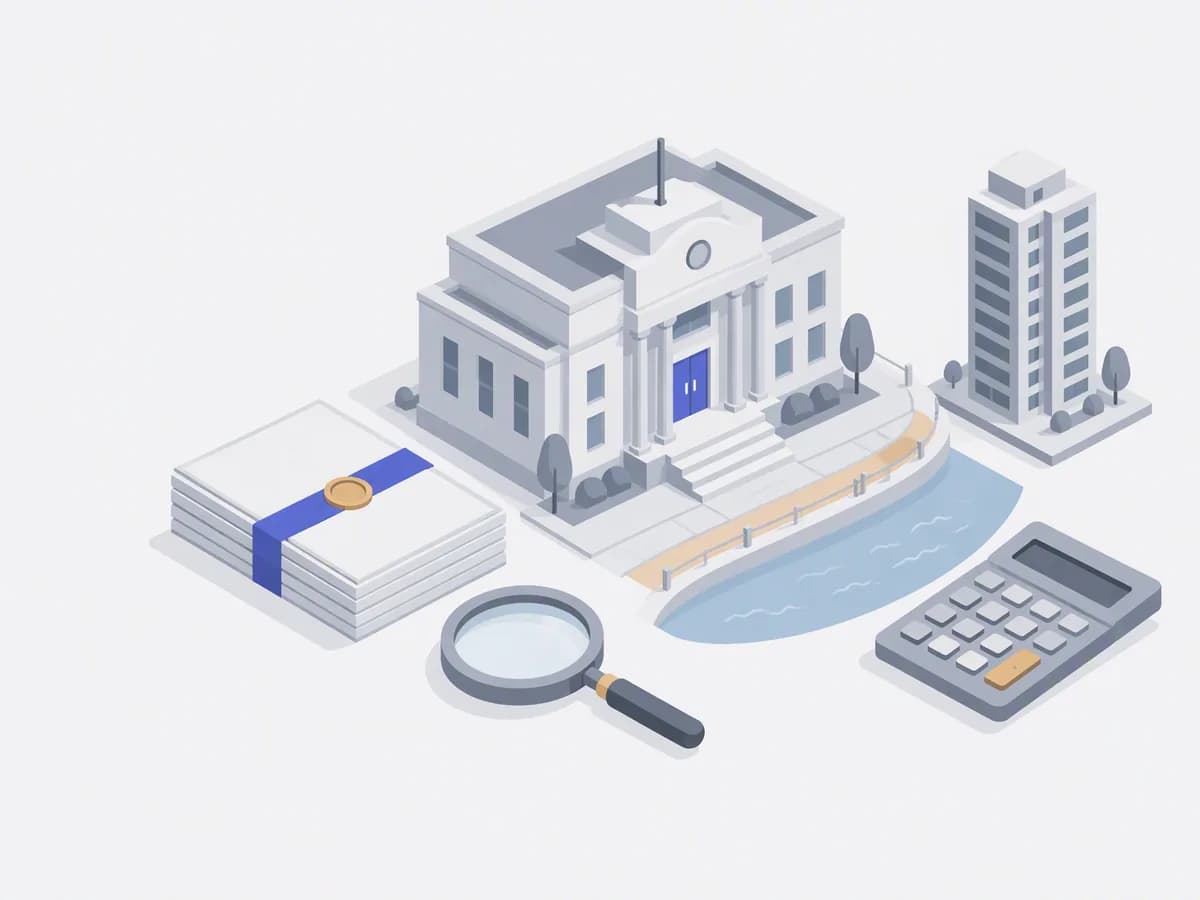 Isometric illustration of title deed bundle, magnifying glass, highrise building model, calculator