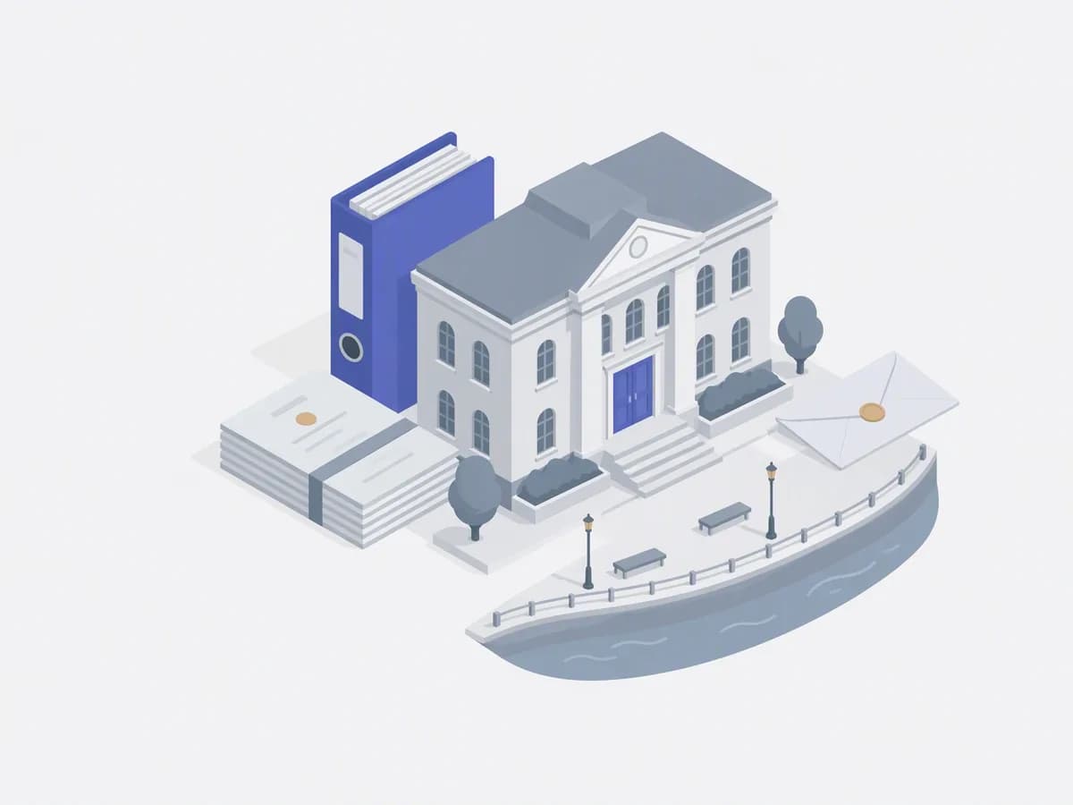 Isometric illustration of index file, society documents, old building facade model, sealed envelope