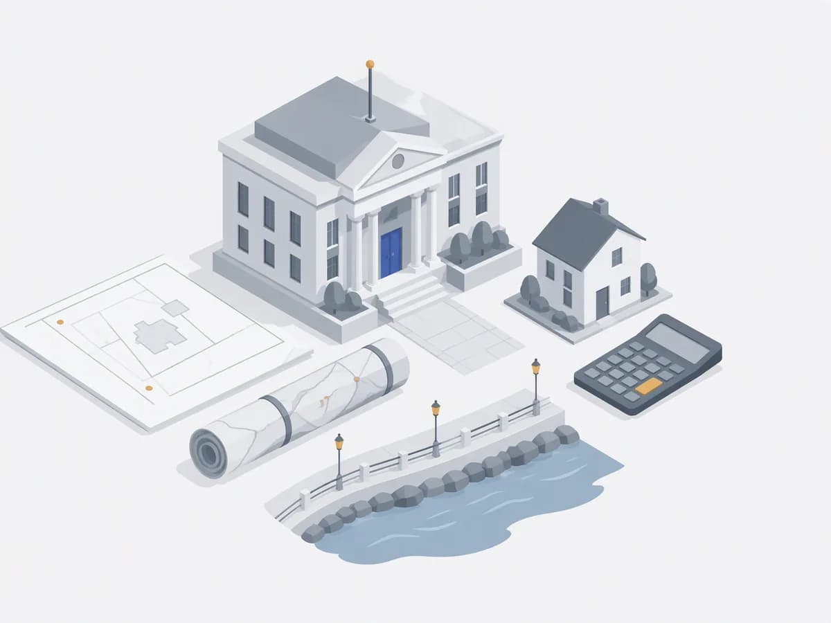 Isometric illustration of 7/12 extract sheet, survey map rolled, small house model, calculator