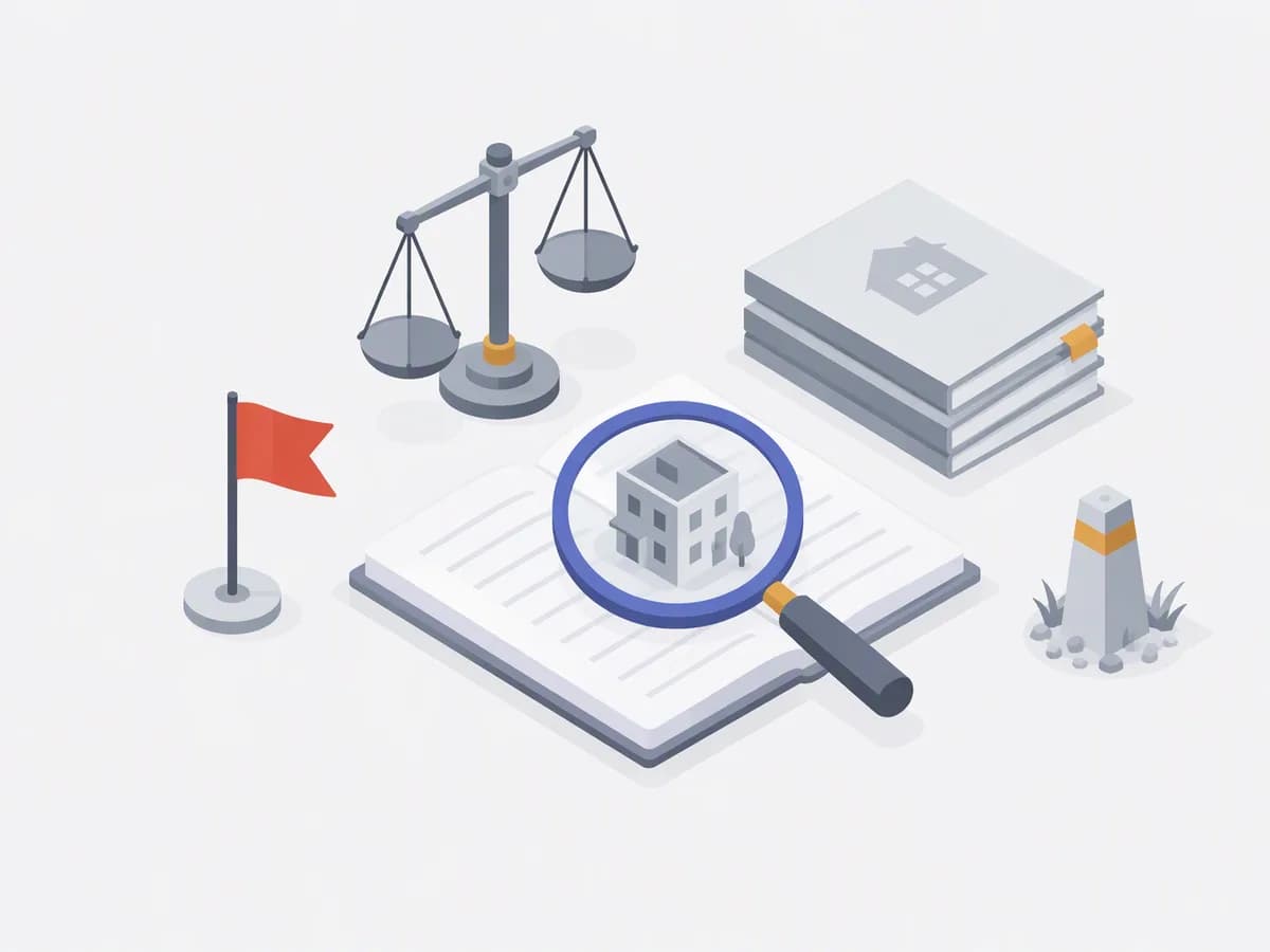 Isometric illustration of red flag marker, balance scale, property file stack, survey peg