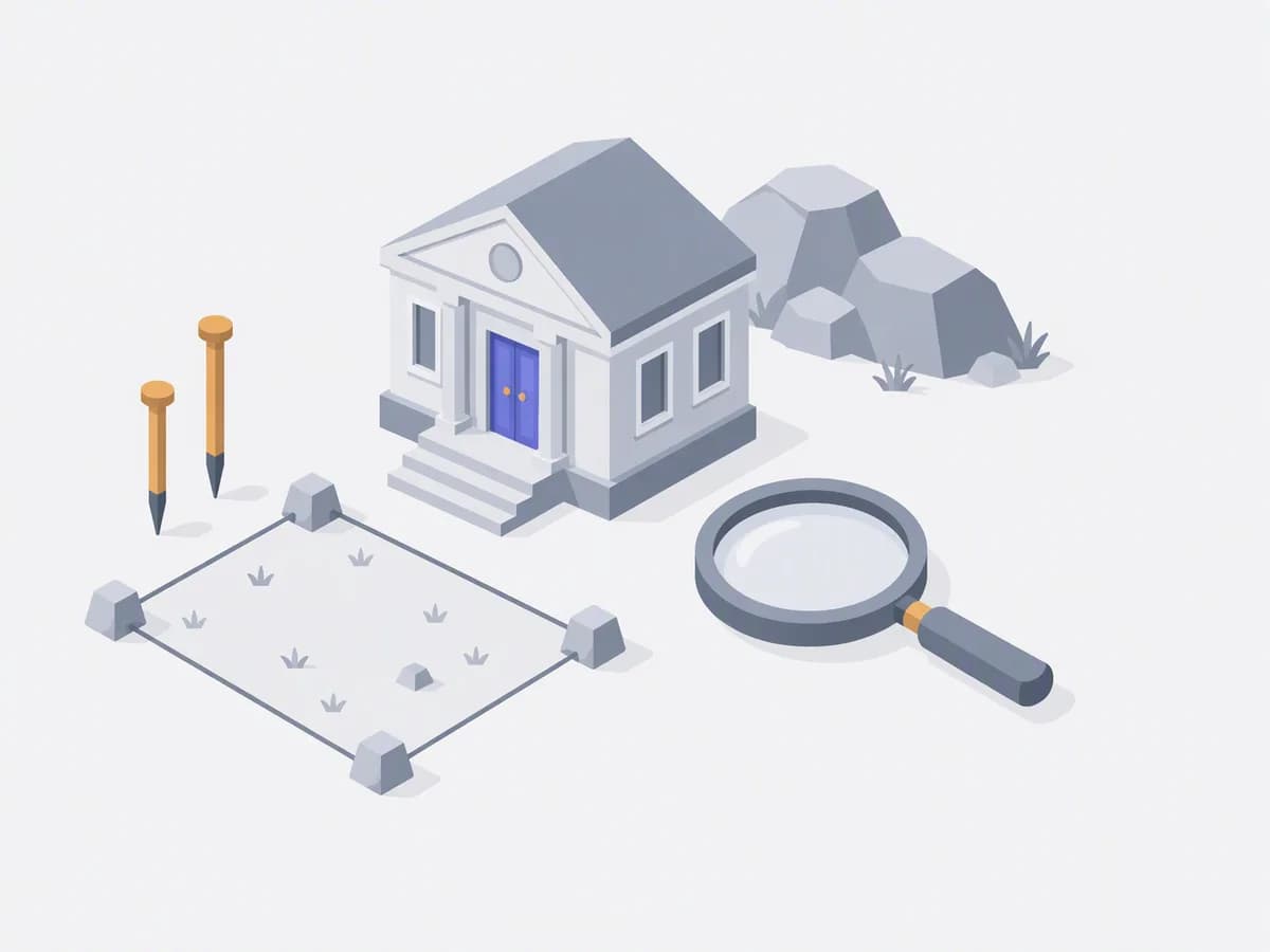 Isometric illustration of survey pegs, plot with boundary stones, magnifying glass, registrar office building