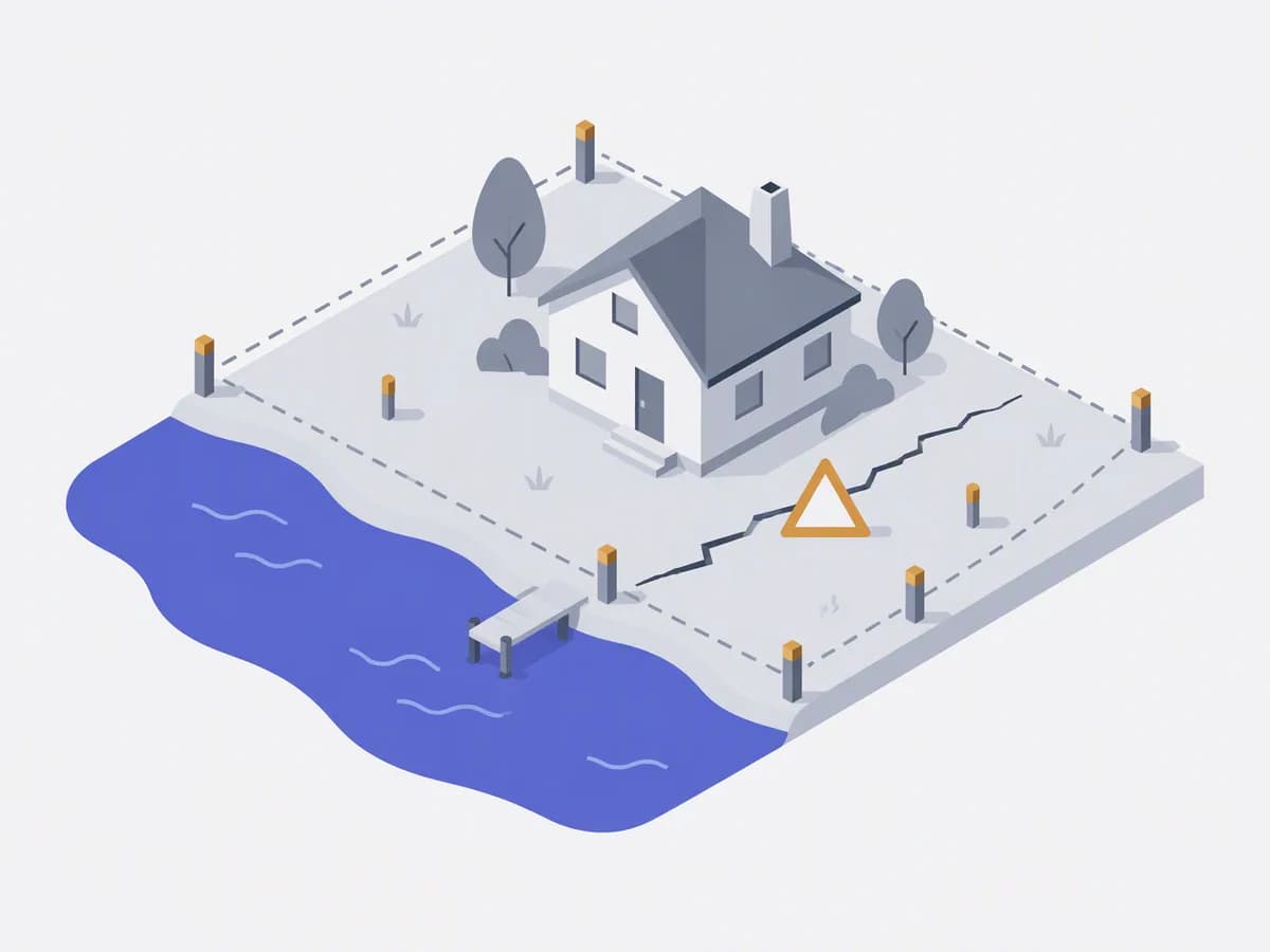 Isometric illustration of lakeshore plot, buffer zone stakes, house model, survey pegs