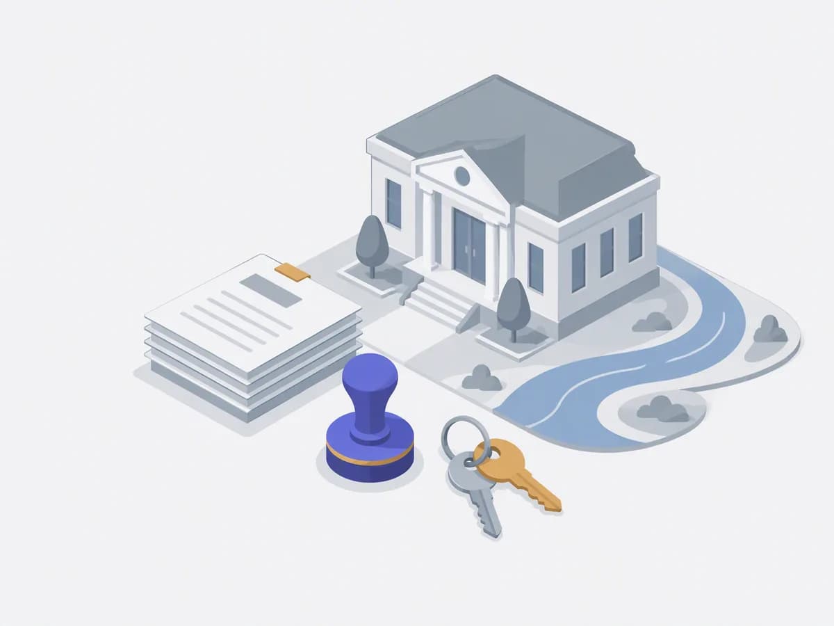 Isometric illustration of stack of documents, stamp, keys, small registration office building