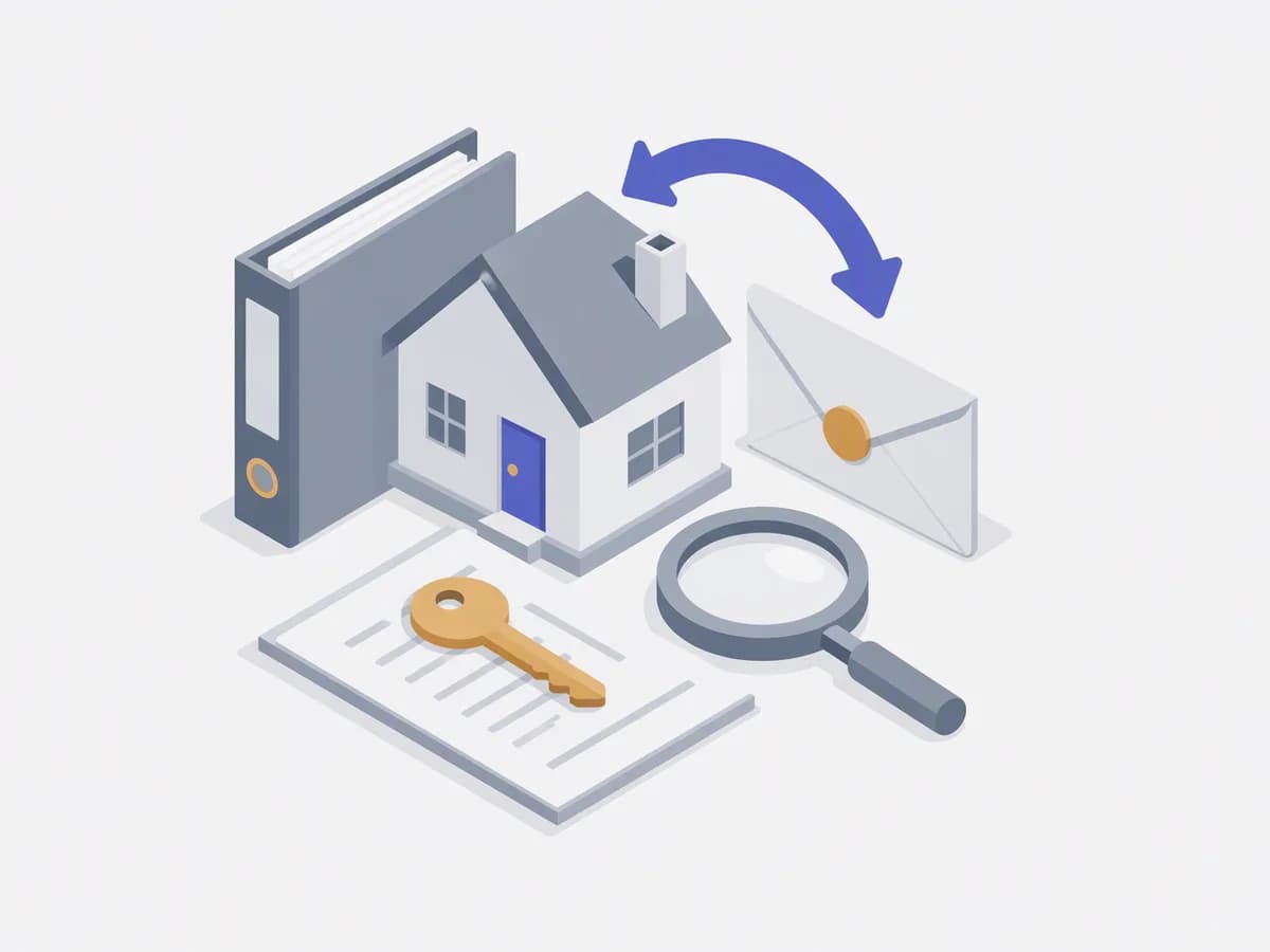 Isometric illustration of title deed folder legal binder magnifying glass sealed envelope
