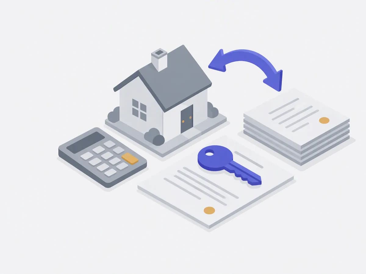Isometric illustration of tax receipt, sale deed stack, house model, calculator