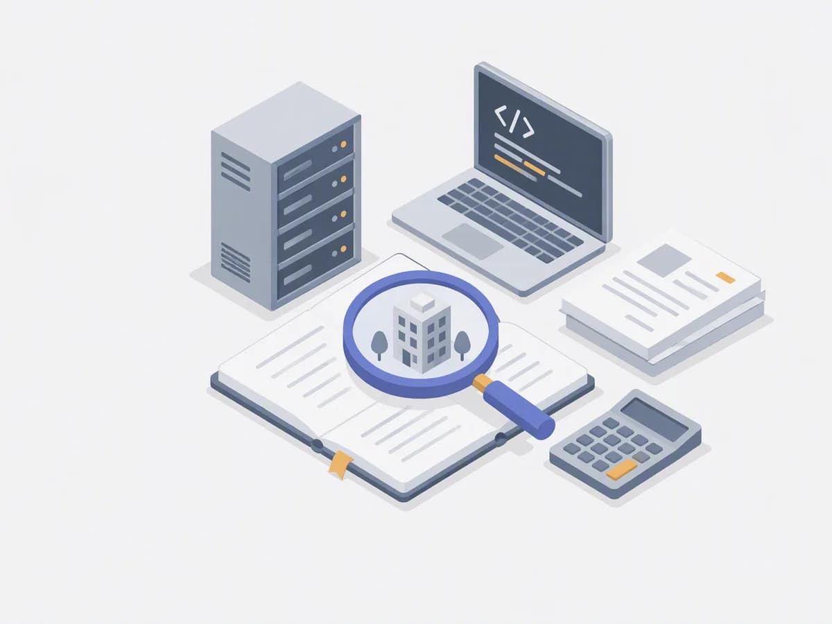 Isometric illustration of server rack icon, laptop with API code, documents, calculator