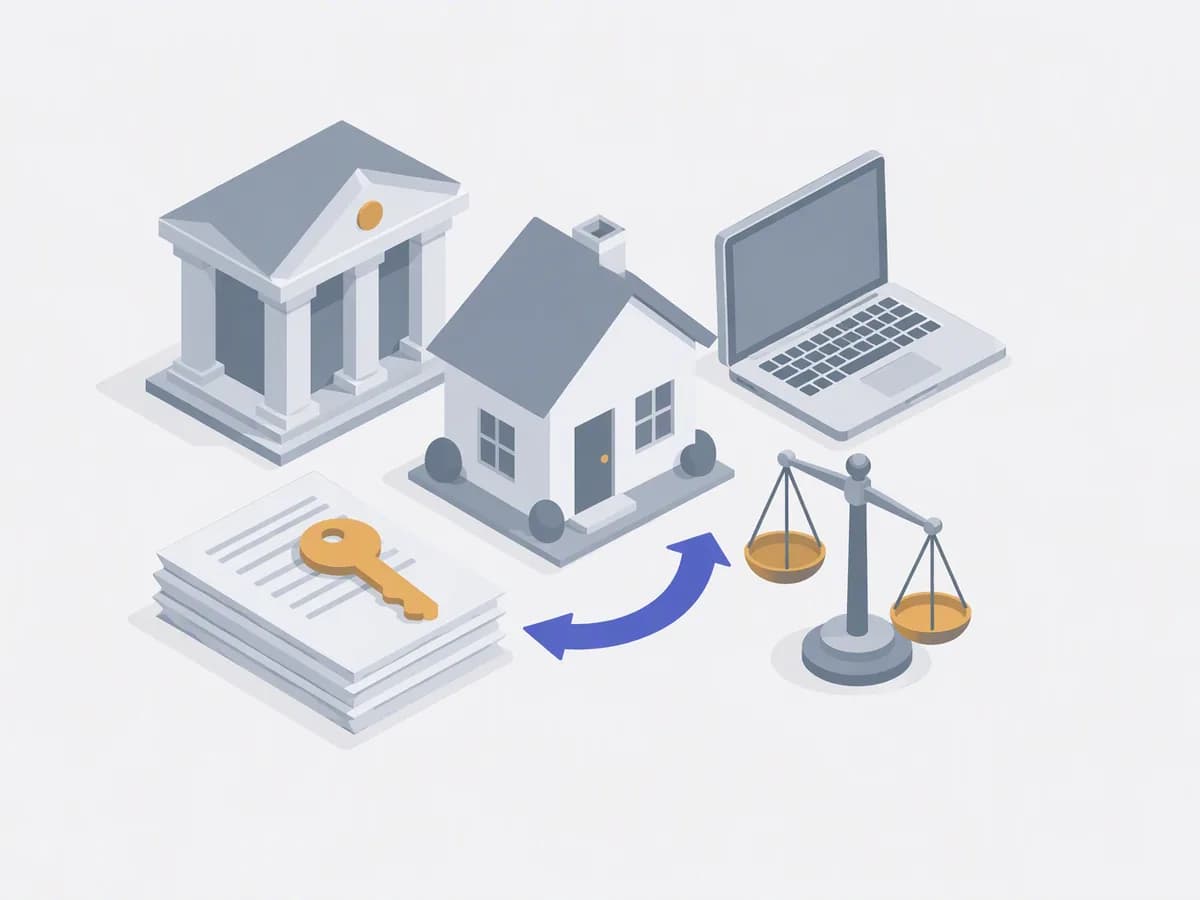 Isometric illustration of bank building, laptop, stack of documents, scales