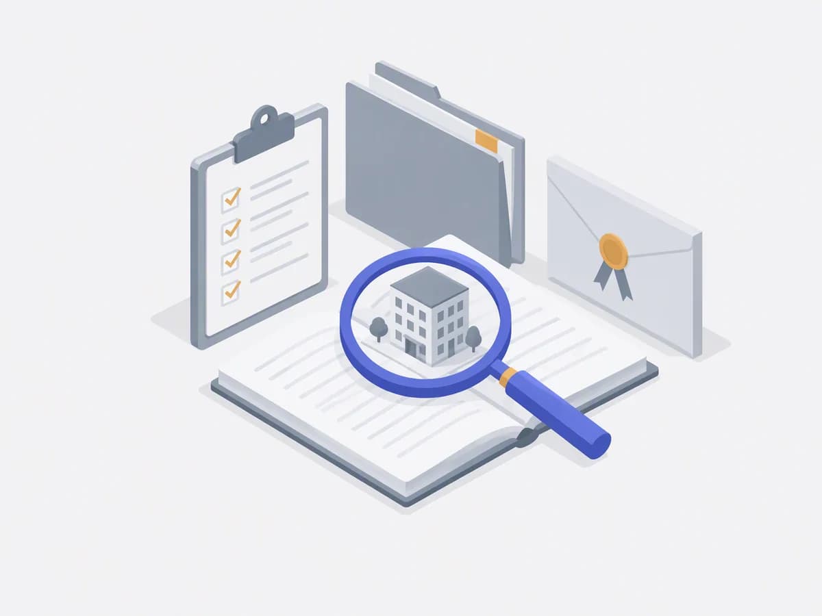 Isometric illustration of question checklist clipboard, title folder, encumbrance certificate envelope, magnifying glass
