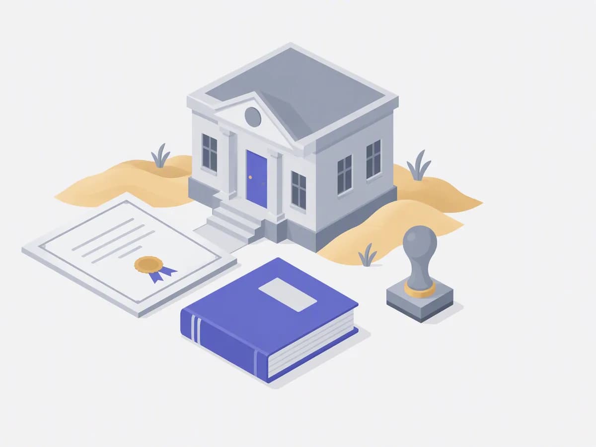 Isometric illustration of certificate document, ledger book, rubber stamp, small registrar office