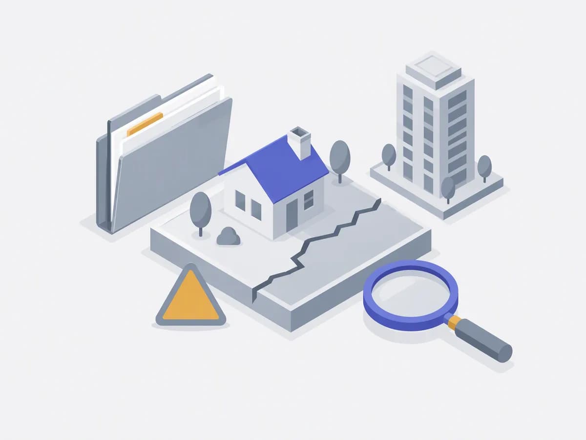 Isometric illustration of rERA file folder, disputed land parcel, tower model, magnifying glass